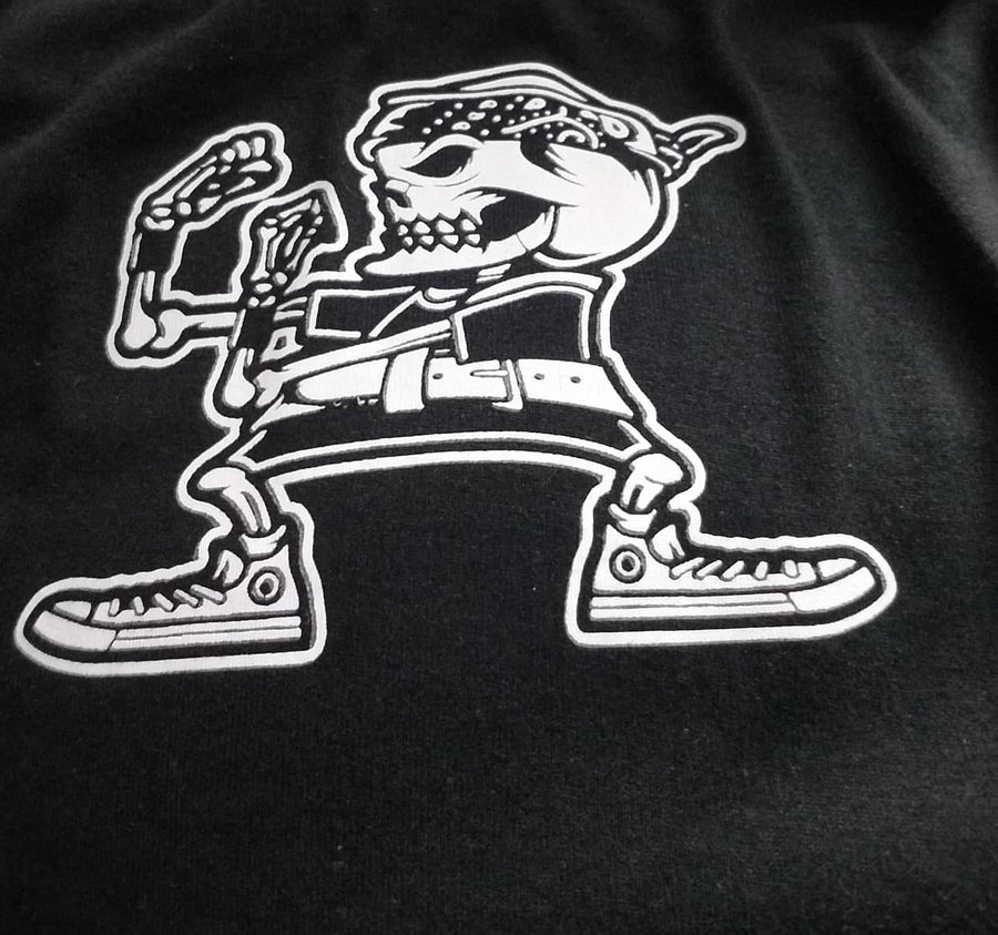 Close-up of a Conquering Barbell skeleton graphic tee shared by @cabrera_419
