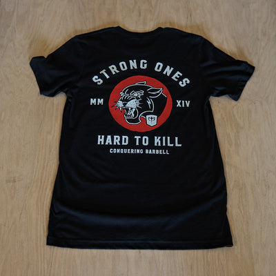 Strong Ones Hard to Kill - on Black Tee - Conquering Barbell