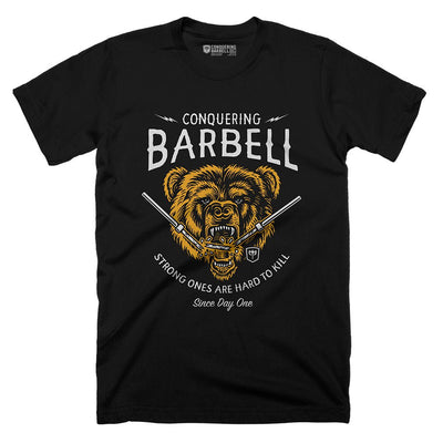 Breaking Barbell Bear - on Black Tee - Conquering Barbell