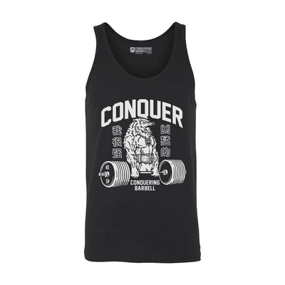 Conquer - Deadlifting Wolf - on Black tank top - Conquering Barbell