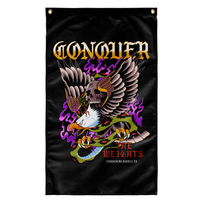 Conquer the Weights - Eagle - 3' x 5' Polyester Flag - Conquering Barbell