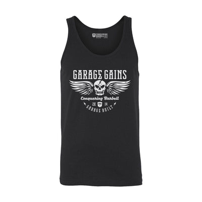 Garage Gains- on Black tank top - Conquering Barbell