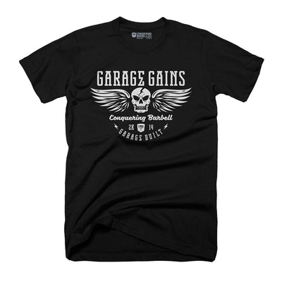 Garage Gains - on Black Tee - Conquering Barbell