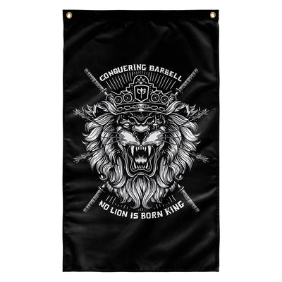 No Lion Is Born King Flag - Black Flag Version - 3' x 5' Polyester Flag - Conquering Barbell
