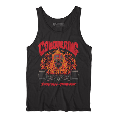 The Flaming Skull - on Black tank top - Conquering Barbell
