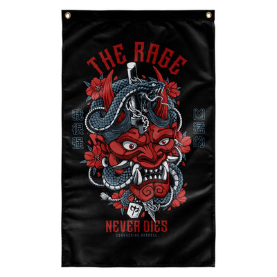The Rage Never Dies - Hannya Mask - 3' x 5' Polyester Flag - Conquering Barbell