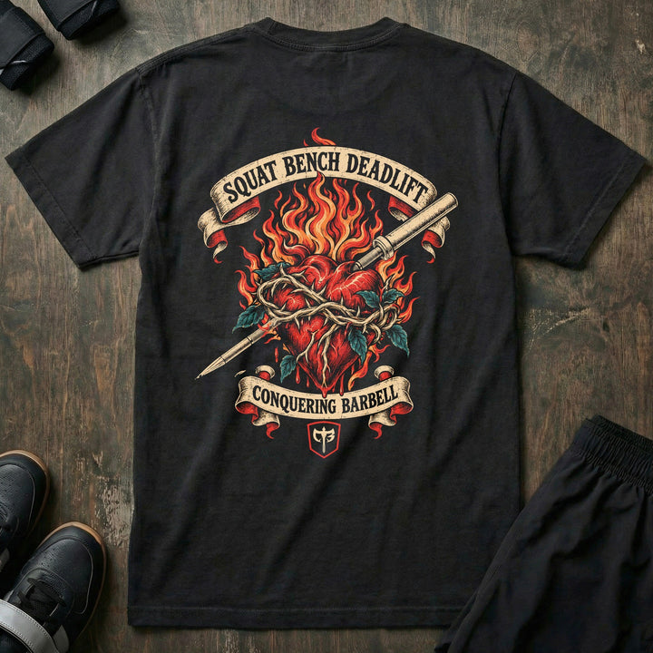 Squat Bench Deadlift - Burning Heart - Relaxed Fit Tee - back print