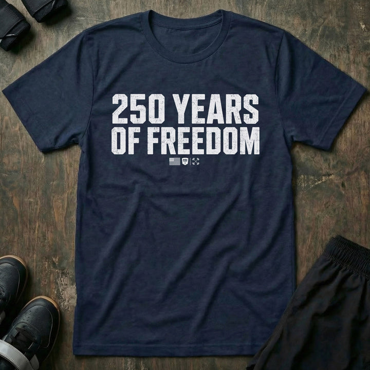 250 Years of Freedom Stack tee in Navy: 250 YEARS OF FREEDOM in oversized distressed block letters stacked across the front