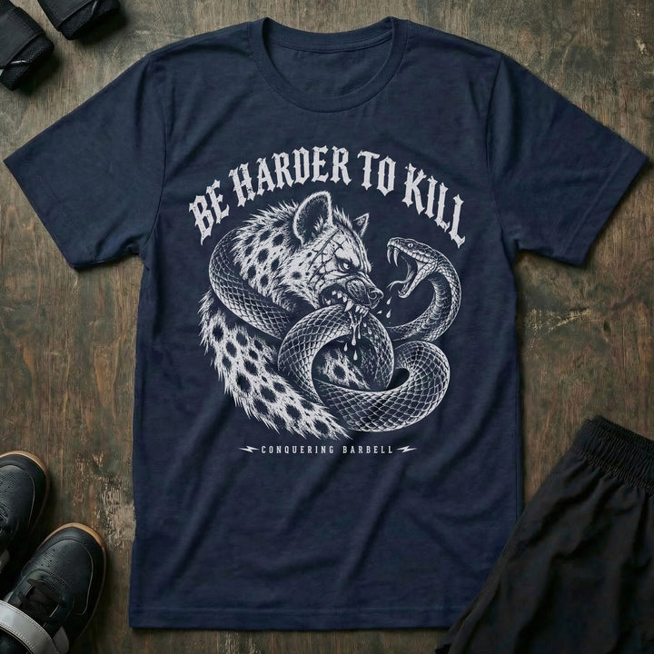 Be Harder to Kill Strike First tee in Navy: a scarred hyena and a black mamba coiled around each other in full combat