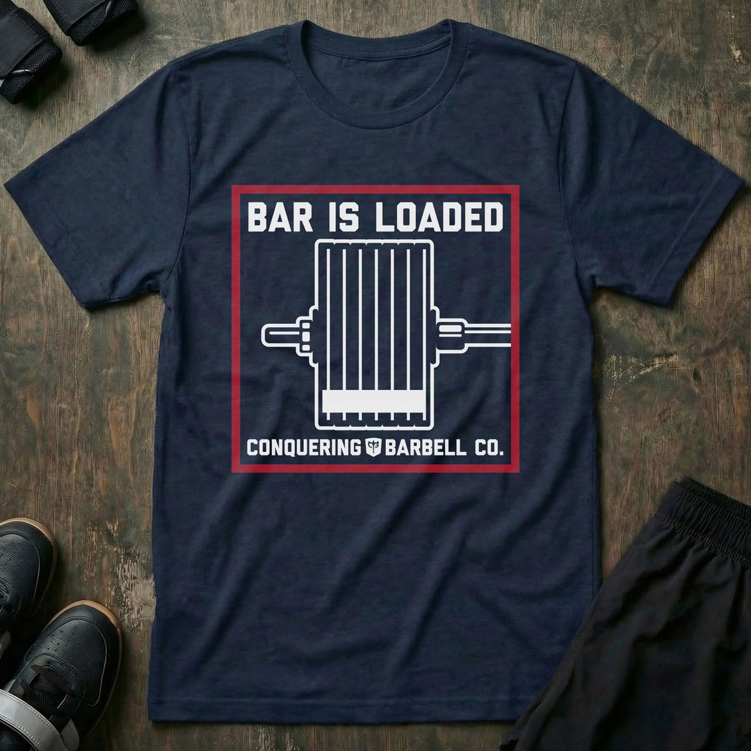 Bar is loaded tee in Navy: a loaded barbell in white line art inside a bold red frame