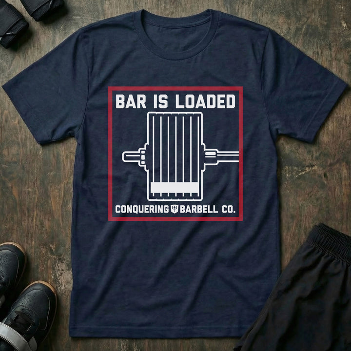 Bar is loaded tee in Navy: a loaded barbell in white line art inside a bold red frame