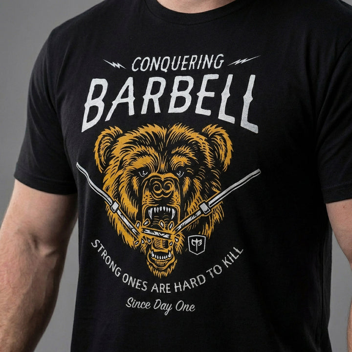Breaking Barbell Bear - on Black Tee