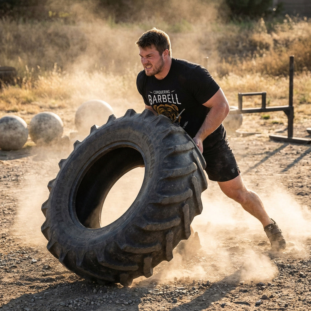 Breaking Barbell Bear - on Black Tee