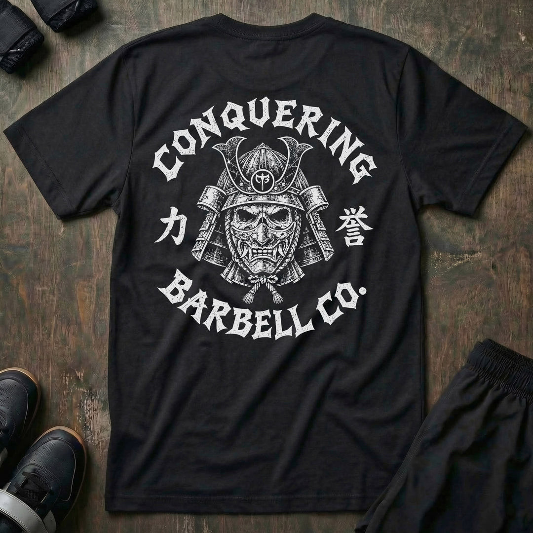 Bushido tee in Black: a skull-faced samurai in a full kabuto helmet and hannya war mask with the CB shield at the crown