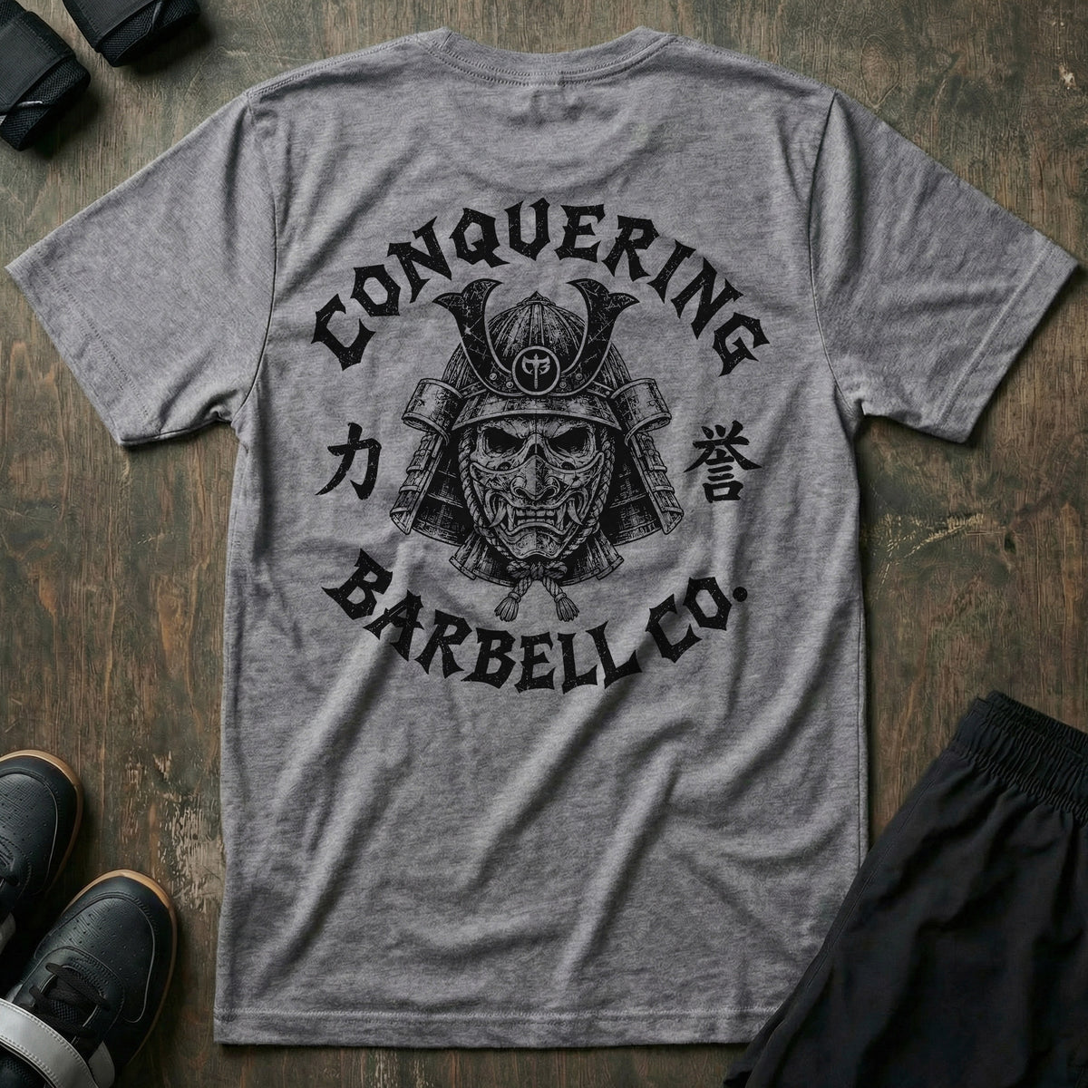 Bushido tee in Heather Grey: a skull-faced samurai in a full kabuto helmet and hannya war mask with the CB shield
