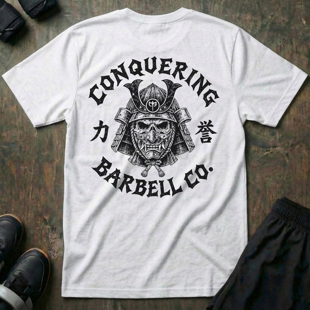 Bushido tee in White: a skull-faced samurai in a full kabuto helmet and hannya war mask with the CB shield at the crown