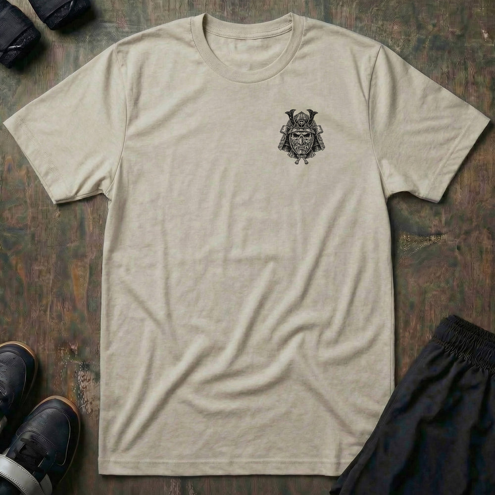 Bushido tee: a skull-faced samurai in a full kabuto helmet and hannya war mask with the CB shield at the crown