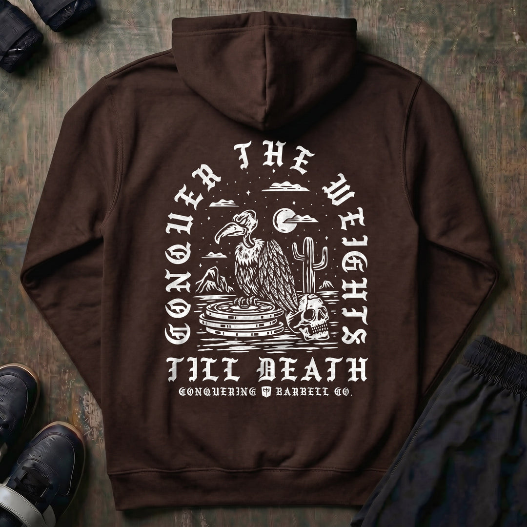 Conquer the Weights - Vulture pullover hoodie in Brown, back print