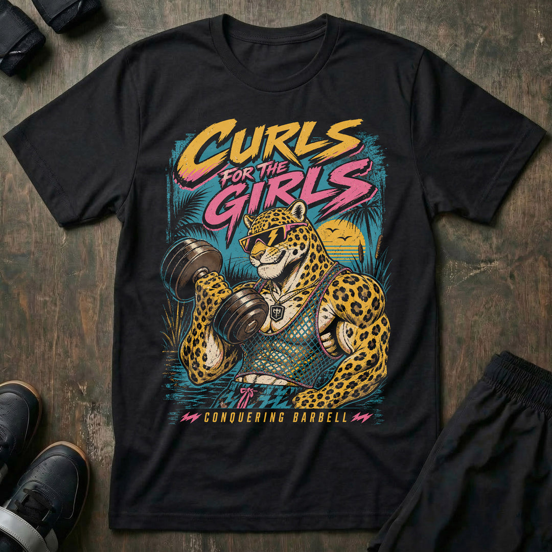 Curls for the Girls tee in Black: a jacked leopard in lightning bolt shades
