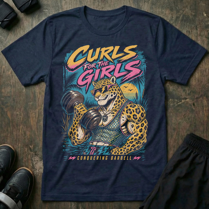 Curls for the Girls tee in Navy: a jacked leopard in lightning bolt shades