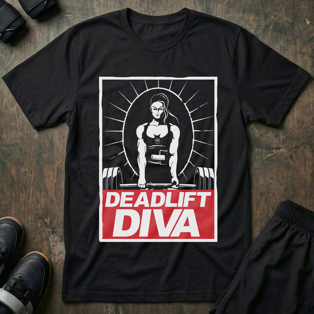 Deadlift Diva on a Unisex tee in Black: a poster-style frame of a woman locking out a loaded barbell