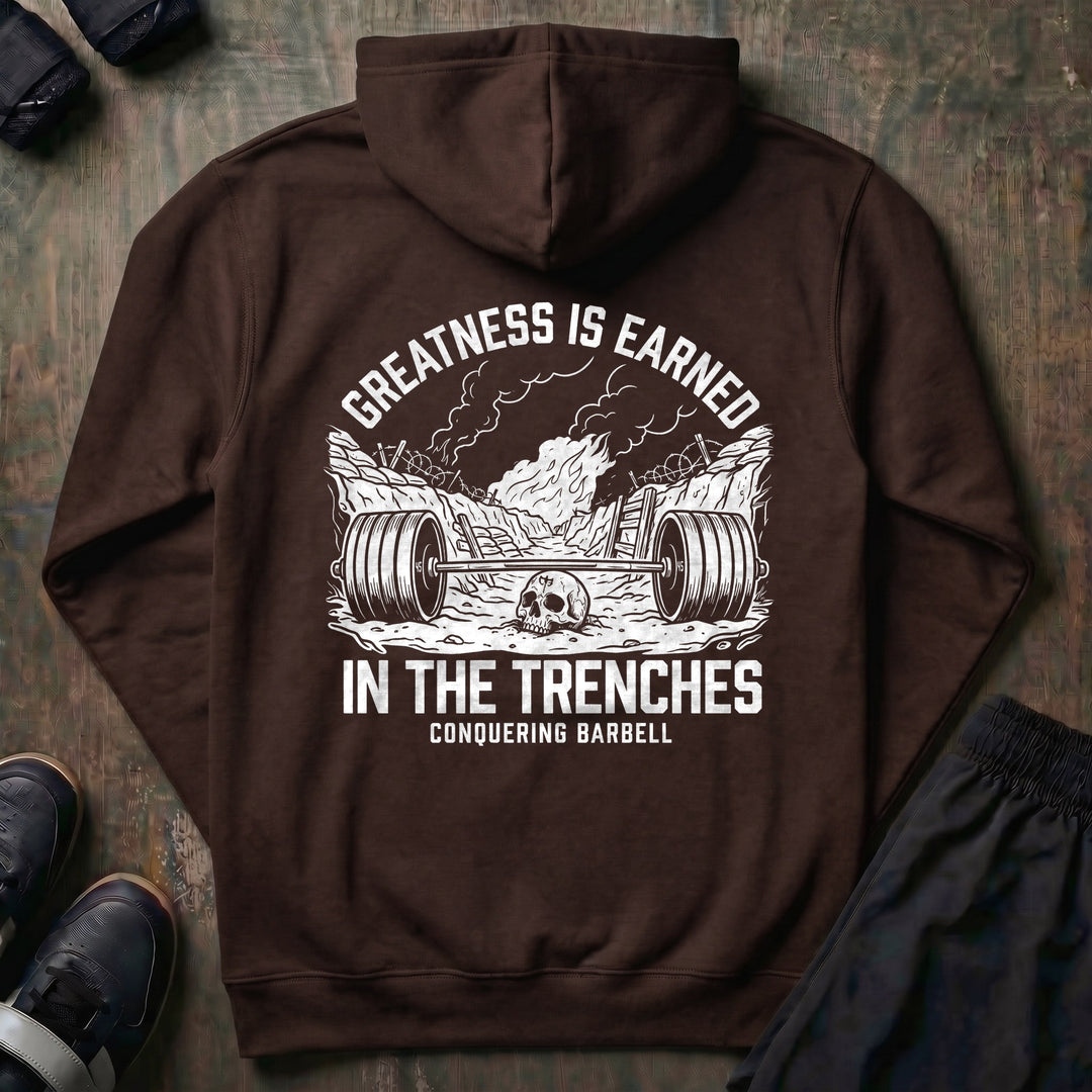 Greatness Is Earned in the Trenches pullover hoodie in Brown, back print