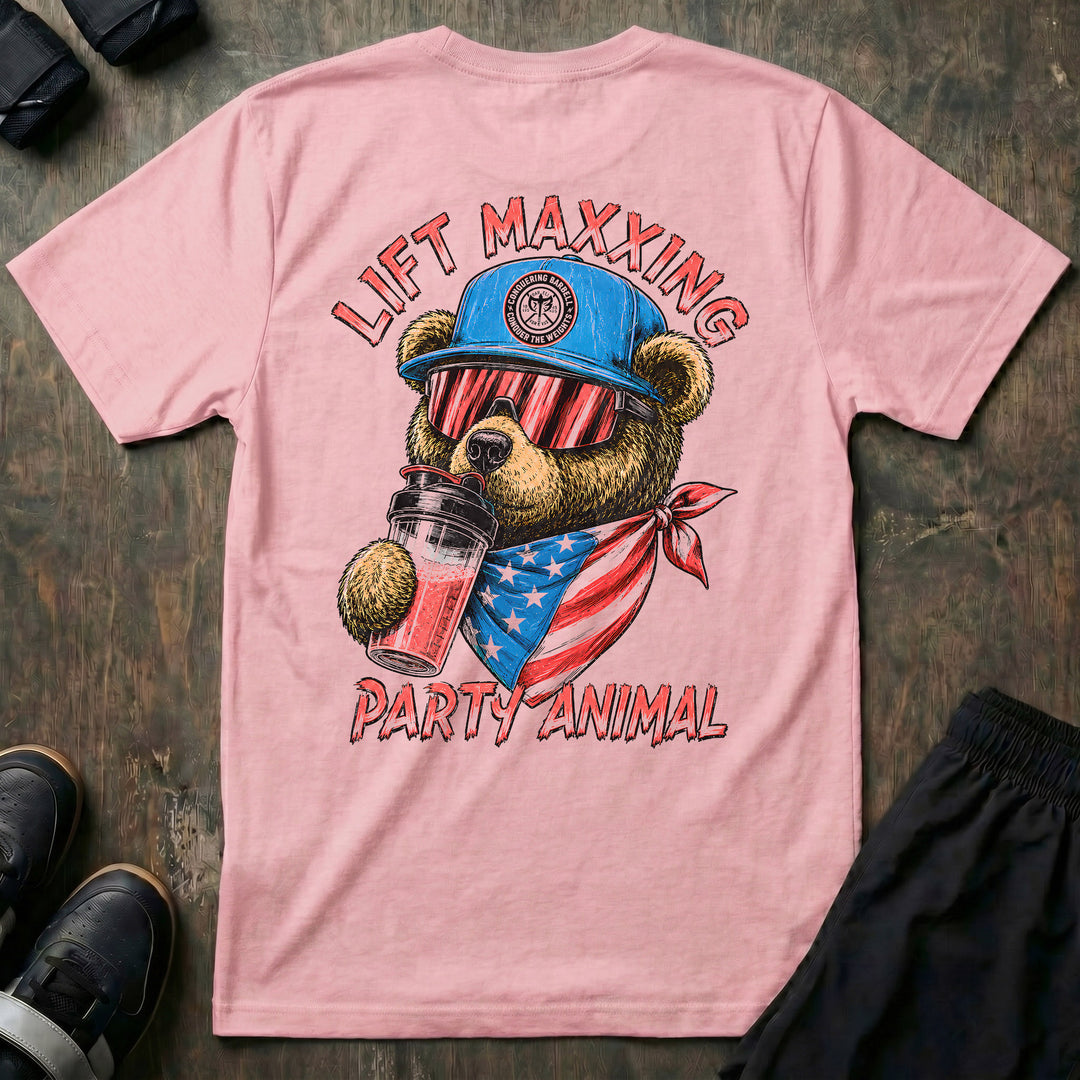 Lift Maxxing Teddy Bear tee in Pink: a swaggering teddy bear in red-striped shades