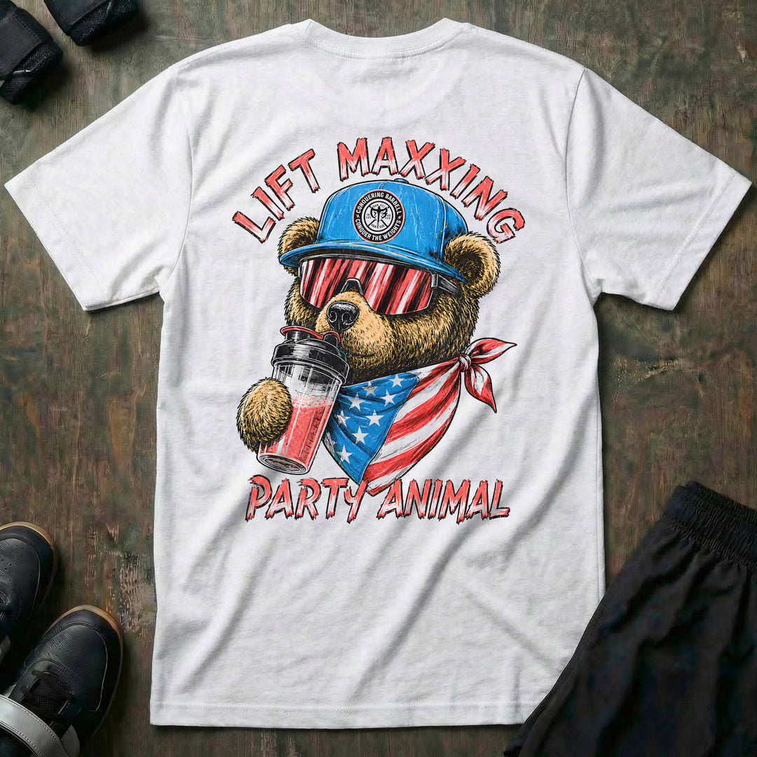 Lift Maxxing Teddy Bear tee in White: a swaggering teddy bear in red-striped shades