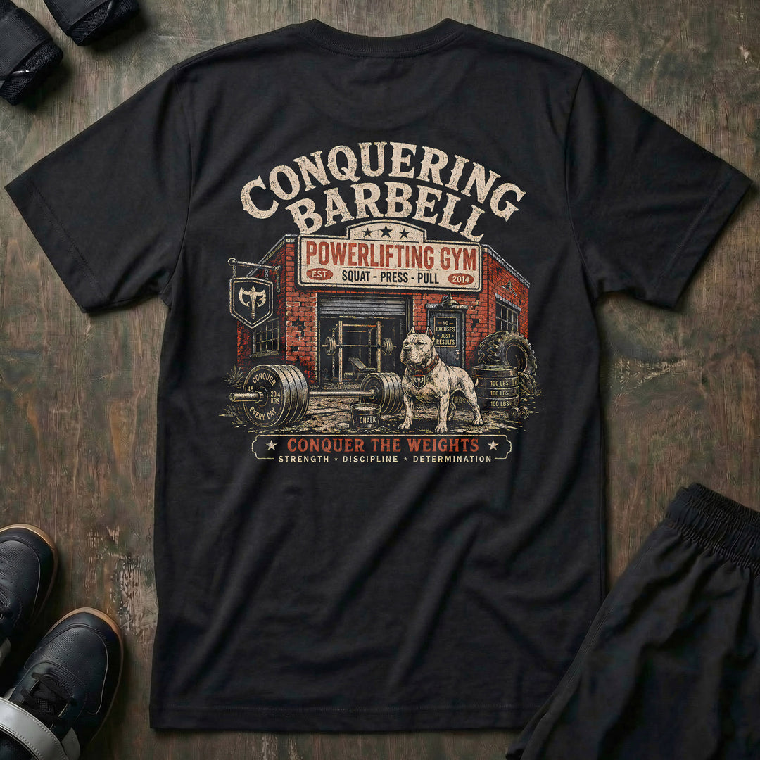 Powerlifting Gym tee in Black: a full-color vintage gym scene with a brick CONQUERING BARBELL POWERLIFTING GYM storefront