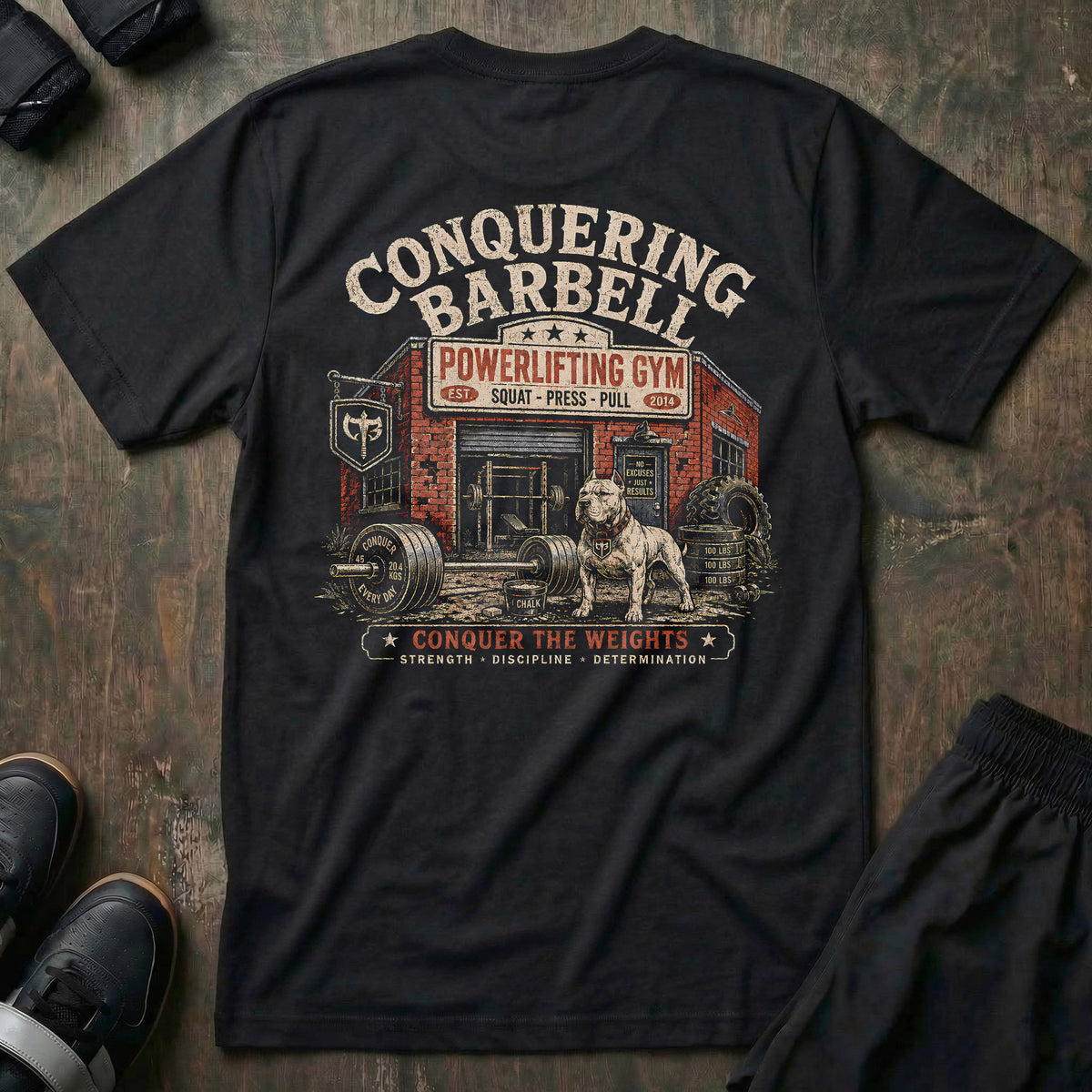 Powerlifting Gym tee in Black: a full-color vintage gym scene with a brick CONQUERING BARBELL POWERLIFTING GYM storefront