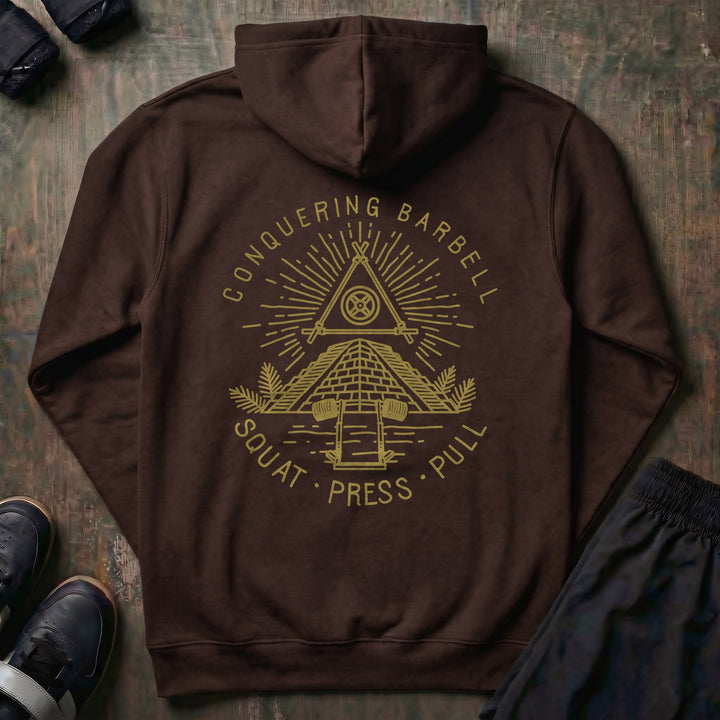 Powerluminati - The All Seeing Barbell pullover hoodie in Brown, back print