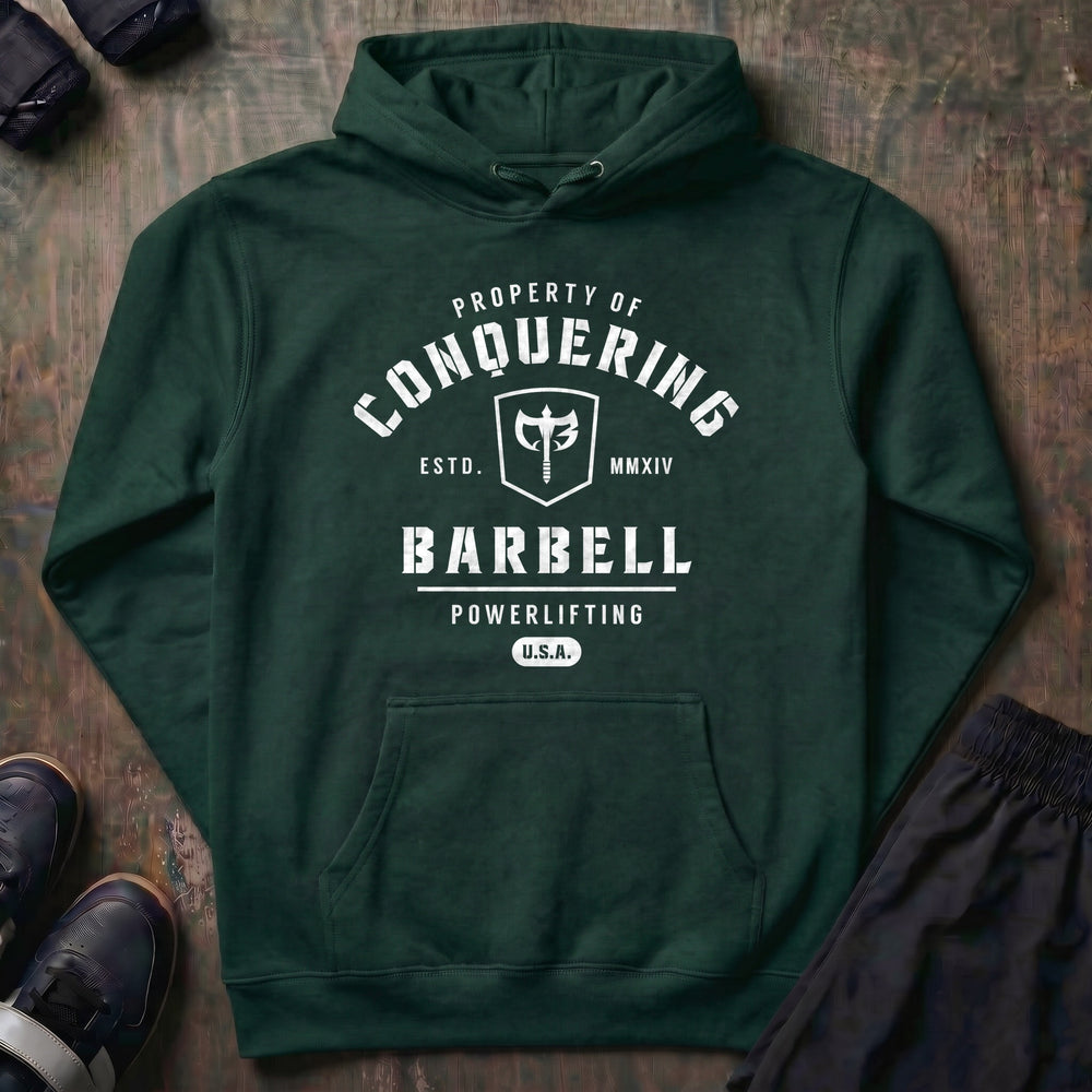 Property of Conquering Barbell pullover hoodie in Alpine Green