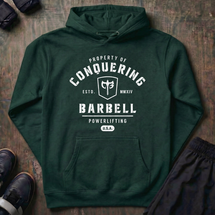 Property of Conquering Barbell pullover hoodie in Alpine Green