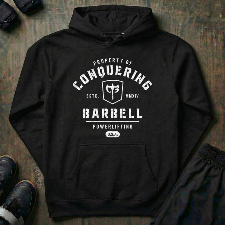 Property of Conquering Barbell pullover hoodie in Black