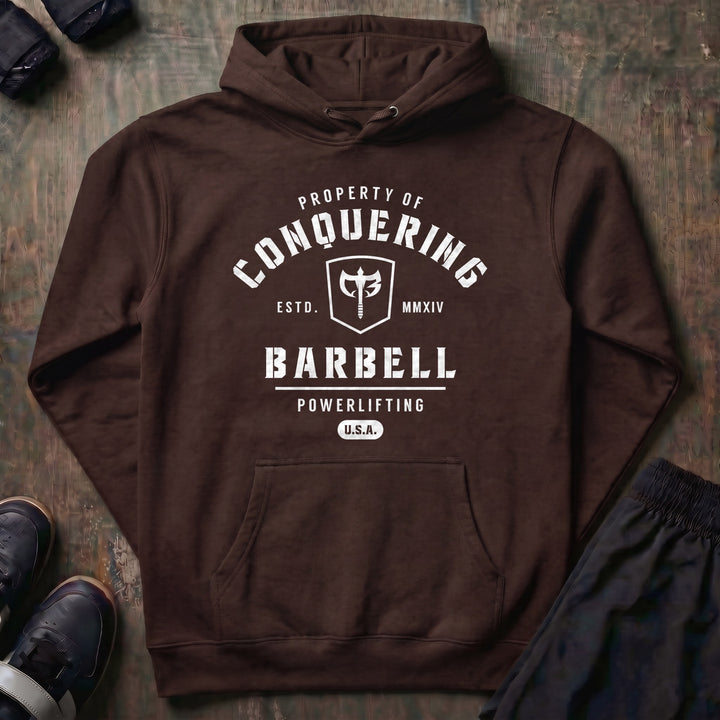 Property of Conquering Barbell pullover hoodie in Brown