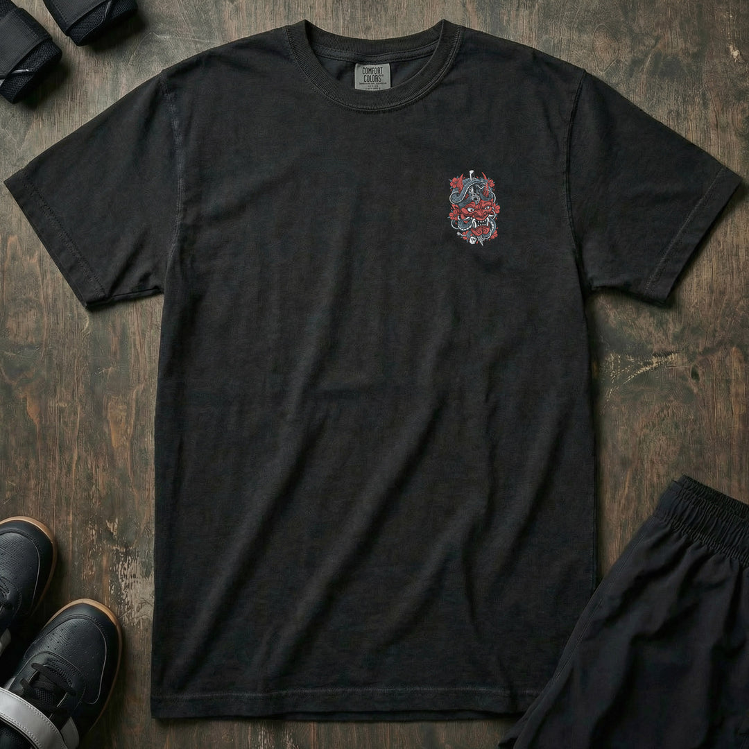 The Rage Never Dies Hannya Mask relaxed fit tee in Black: a fierce red Hannya mask with serpents coiled through it