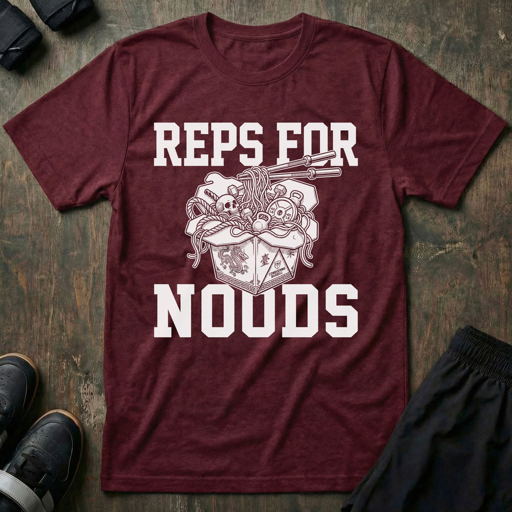 Reps for Noods tee in Maroon: an overflowing takeout box of ramen with chopsticks and a skull peeking out of the noodles