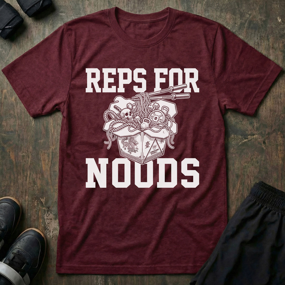 Reps for Noods tee in Maroon: an overflowing takeout box of ramen with chopsticks and a skull peeking out of the noodles