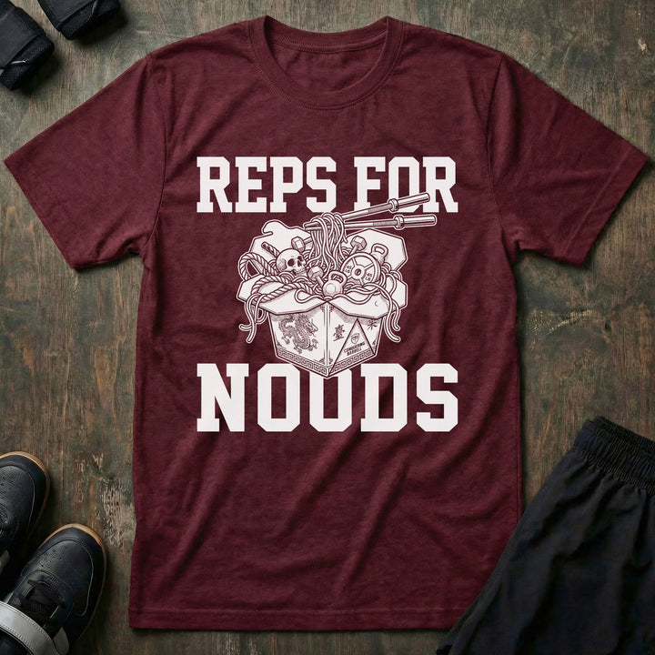 Reps for Noods tee in Maroon: an overflowing takeout box of ramen with chopsticks and a skull peeking out of the noodles