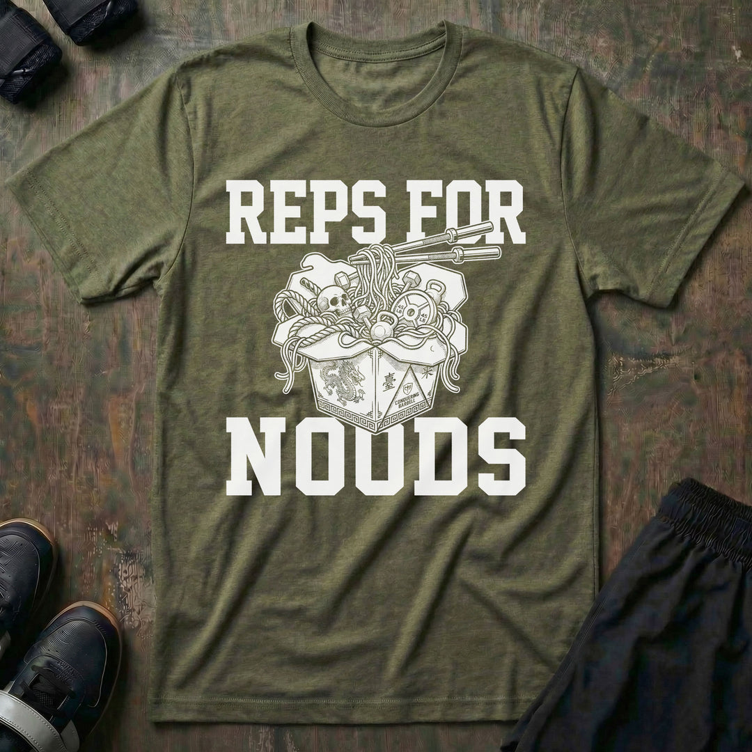 Reps for Noods tee in Military: an overflowing takeout box of ramen with chopsticks and a skull peeking out of the noodles