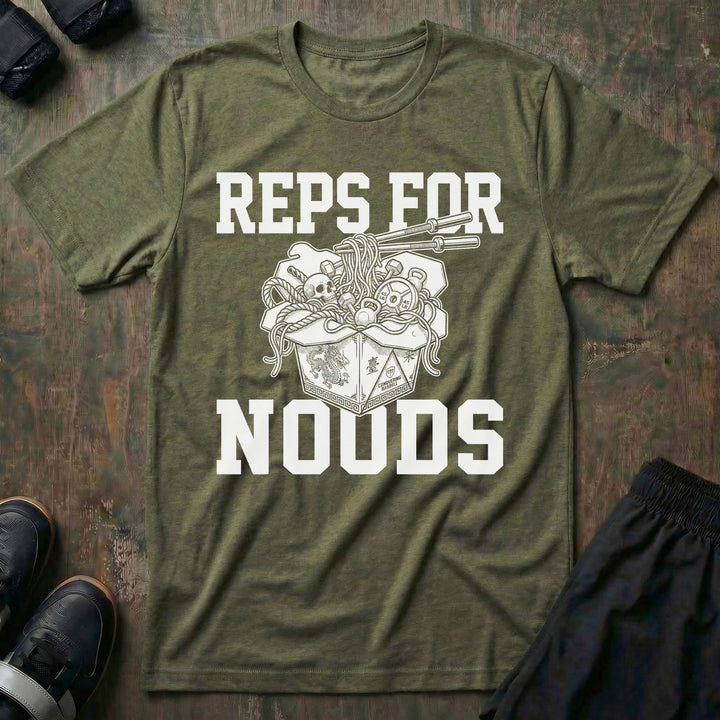 Reps for Noods tee in Military: an overflowing takeout box of ramen with chopsticks and a skull peeking out of the noodles