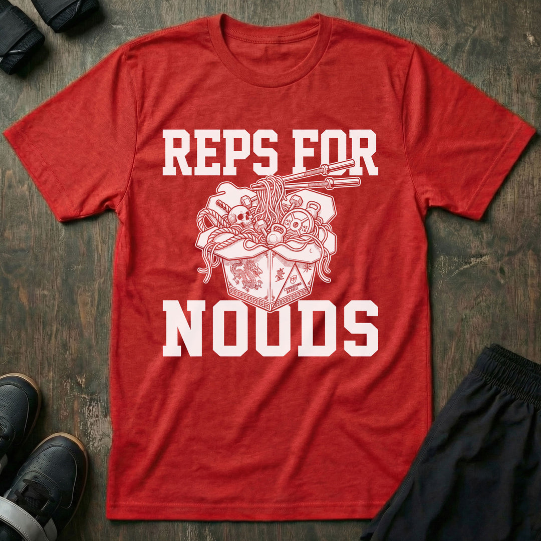 Reps for Noods tee in Red: an overflowing takeout box of ramen with chopsticks and a skull peeking out of the noodles