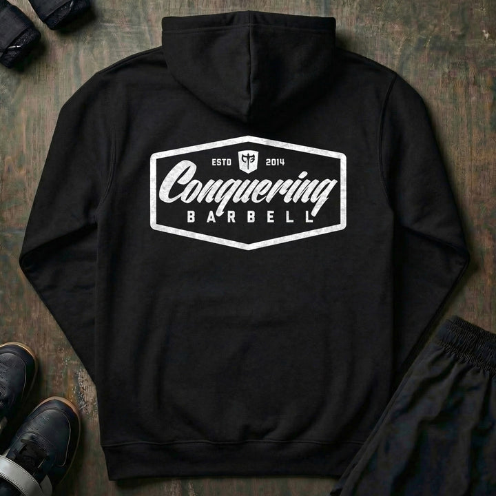 Conquering Barbell Script Logo pullover hoodie in Black, back print