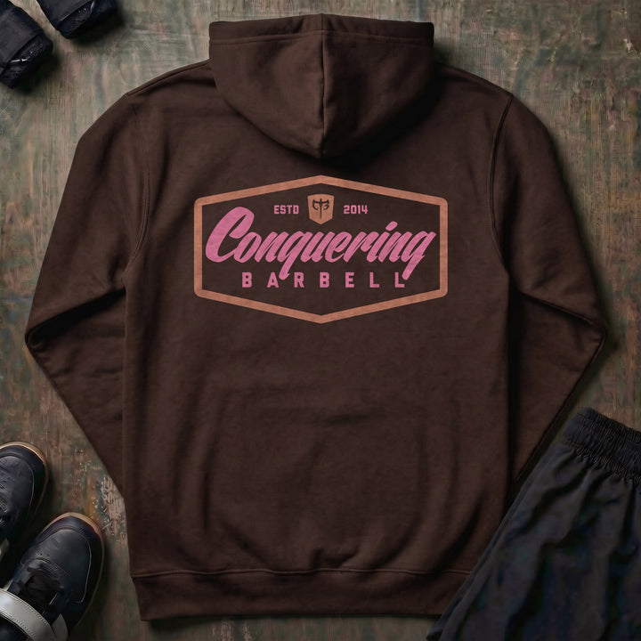 Conquering Barbell Script Logo pullover hoodie in Brown, back print