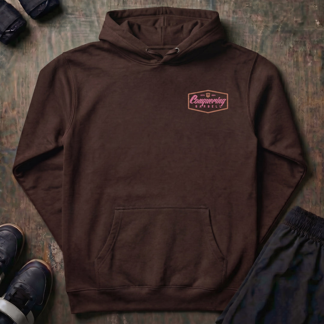 Conquering Barbell Script Logo pullover hoodie in Brown, front