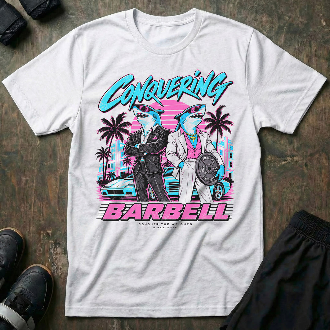 Strictly Business tee in White: two sharply dressed shark-headed operators leaning against a sports car
