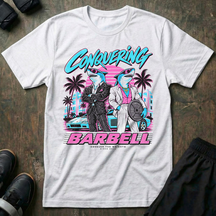 Strictly Business tee in White: two sharply dressed shark-headed operators leaning against a sports car
