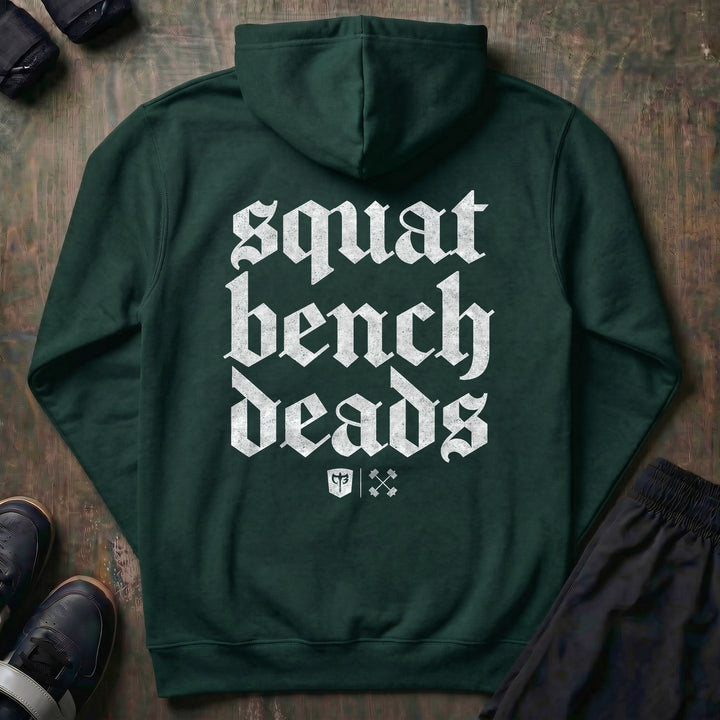 Squat Bench Deads pullover hoodie in Alpine Green, back print