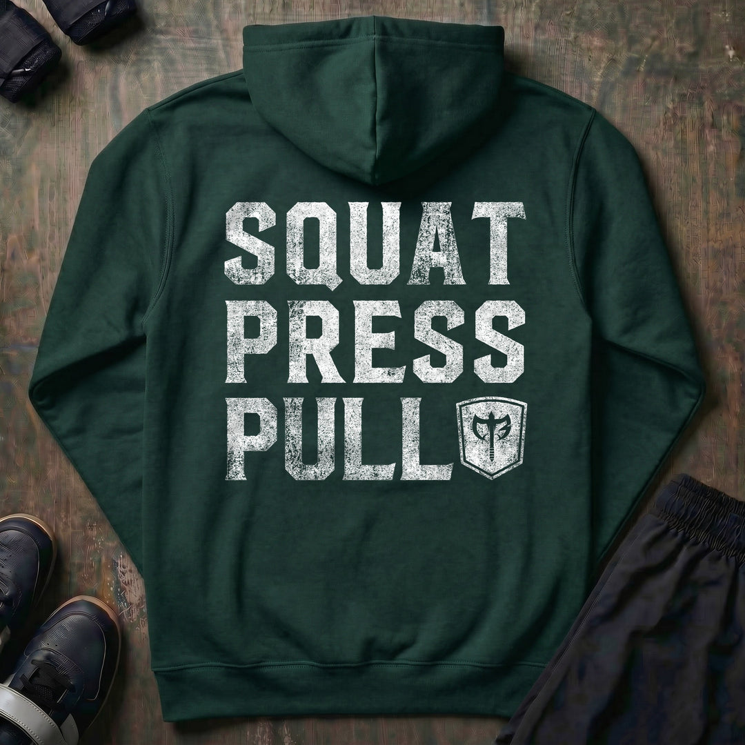 Squat Press Pull® pullover hoodie in Alpine Green, back print