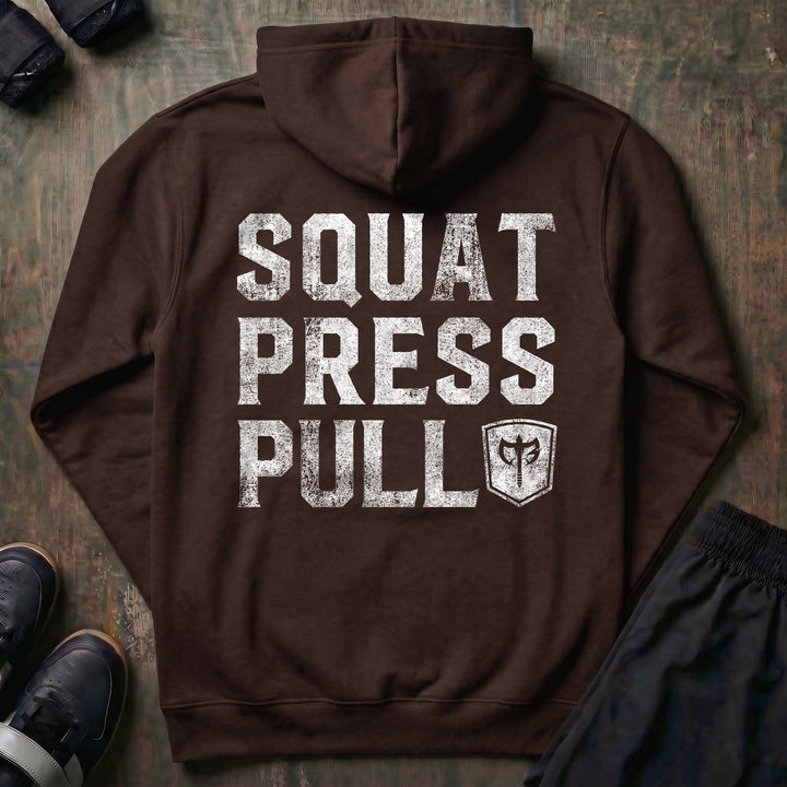 Squat Press Pull® pullover hoodie in Brown, back print